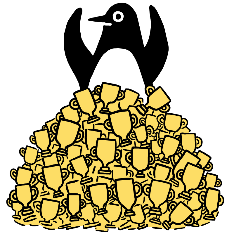 Penguin burried under trophies
