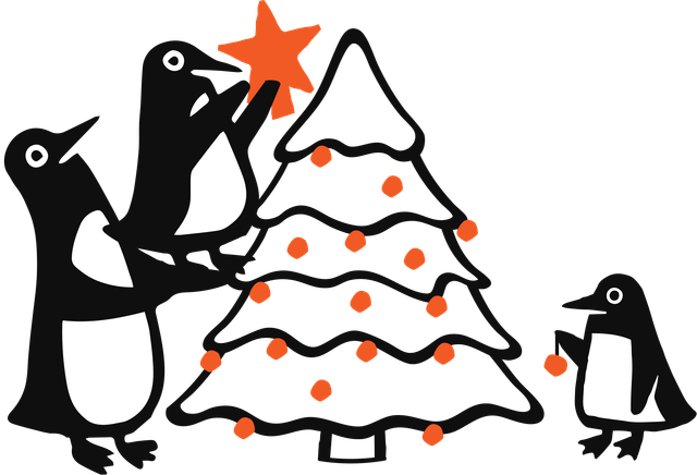 Penguins decorating a Christmas tree